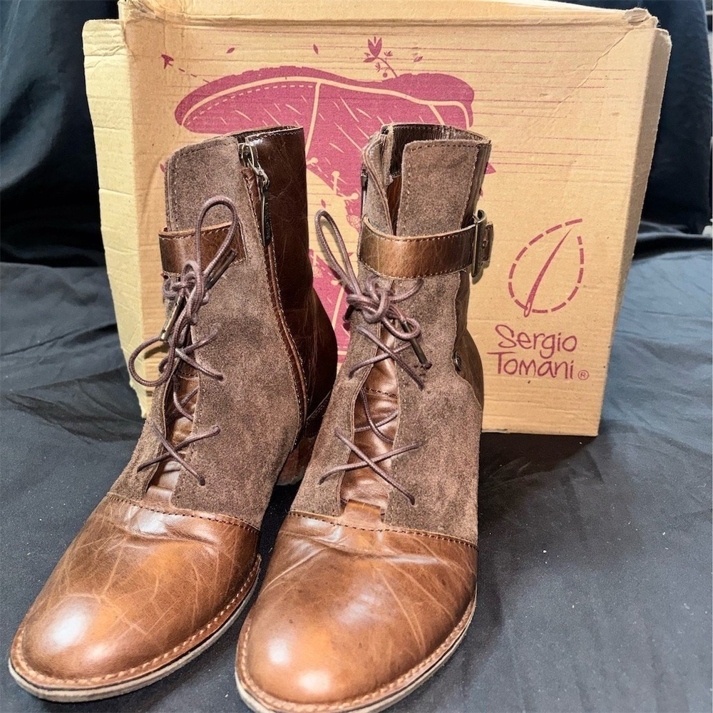 Sergio Tomani Women's Ankle Booties Two-Tone Brown Lace Up Side Zip 39 US 8
